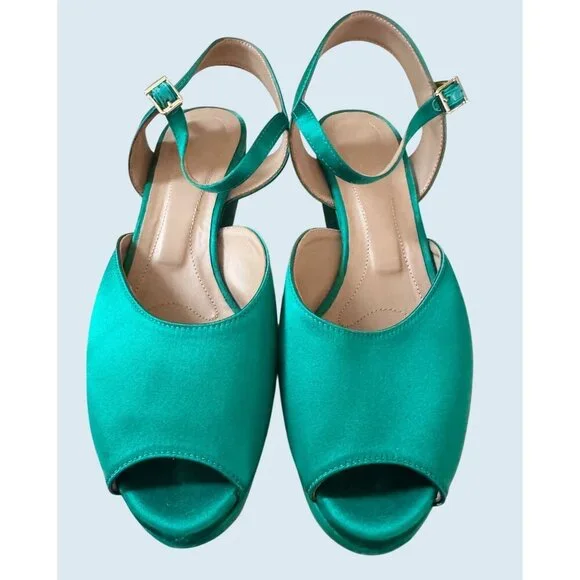 MARNI Emerald Green Satin Platform Peep Toe Ankle Strap Sandal Sz 9 - Picture 2 of 8